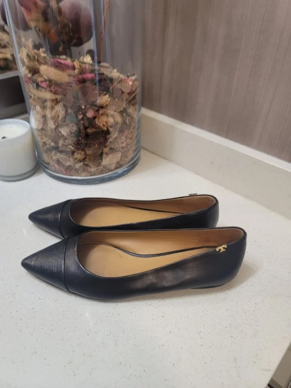 Tory Burch Penelope Pointed Toe Leather Flats Black Size 7.5 M